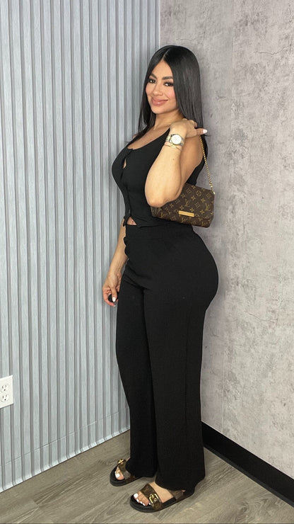 Vest And Wide Pants Black Set