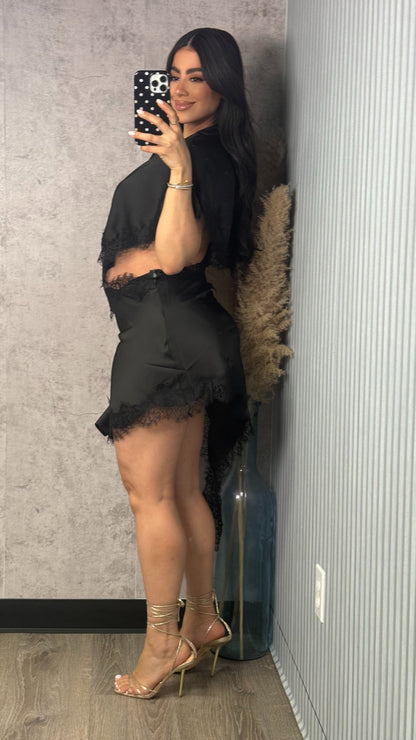 PENELOPE BLACK SATIN AND LACE DRESS
