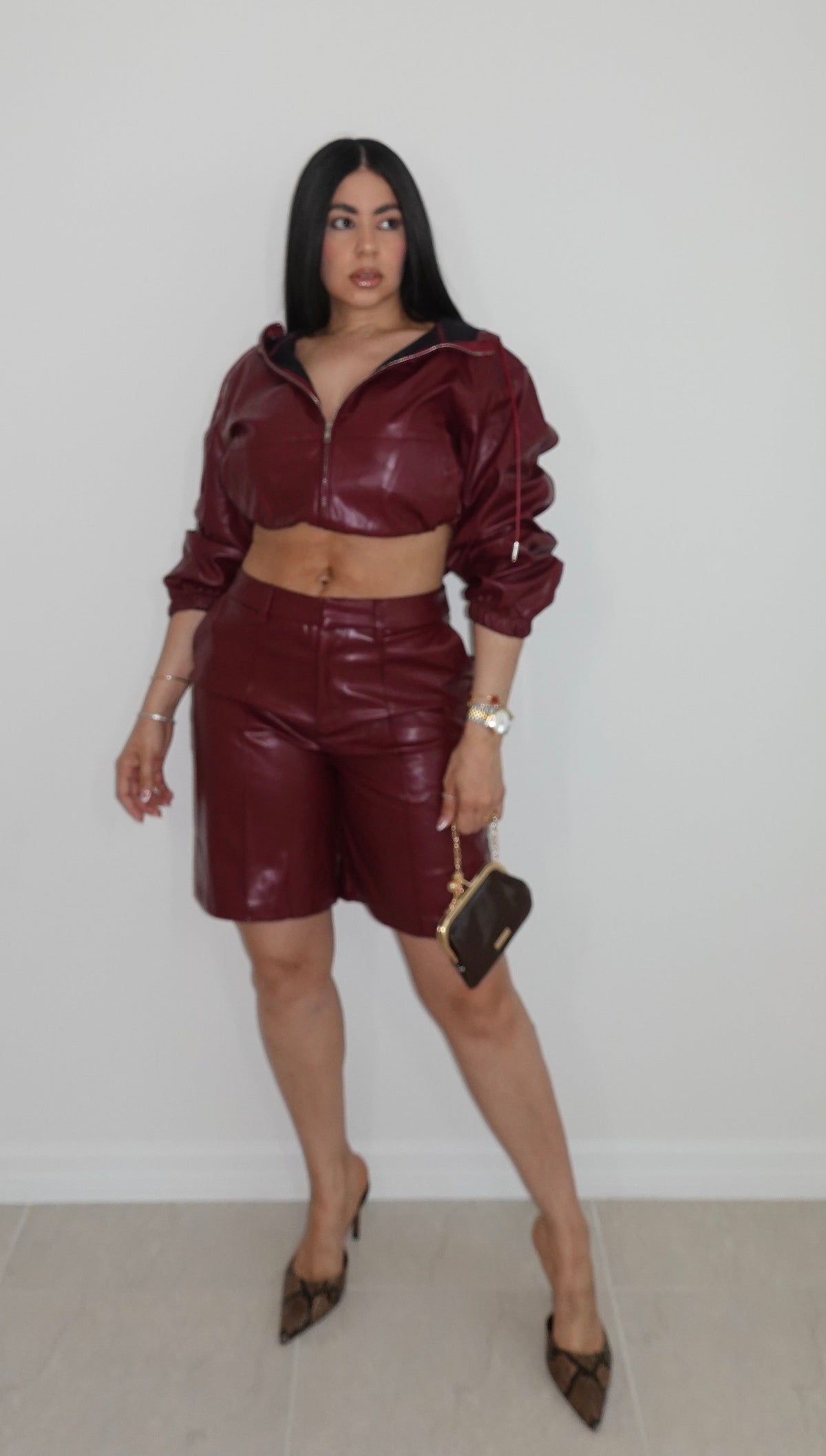 TAMARA LEATHER JACKET AND BERMUDA SET BURGUNDY