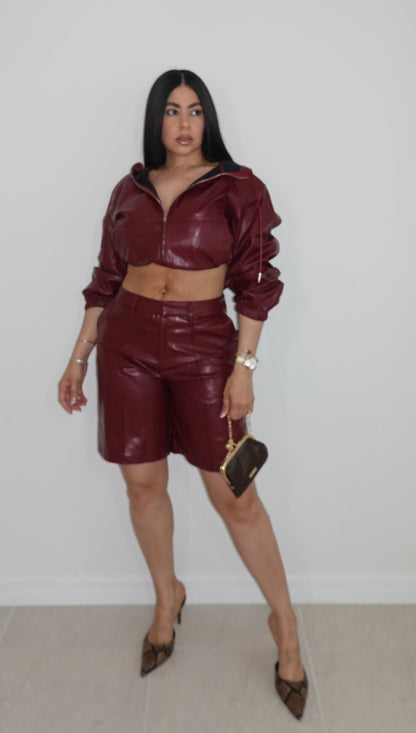 TAMARA LEATHER JACKET AND BERMUDA SET BURGUNDY