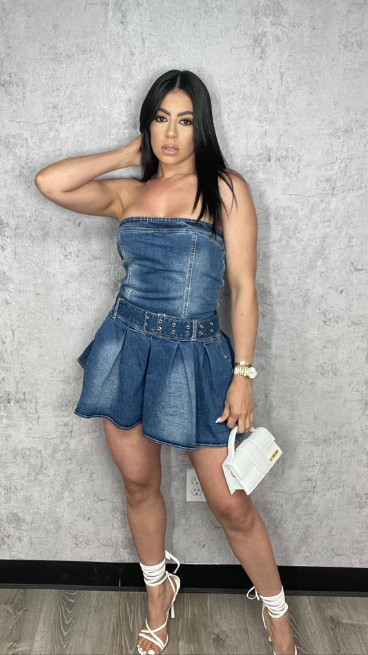 STRAPLESS WASHED DENIM FLARE DRESS