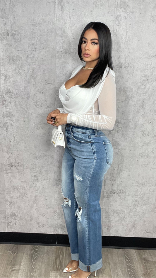 Long Sleeve Mesh Bodysuit White