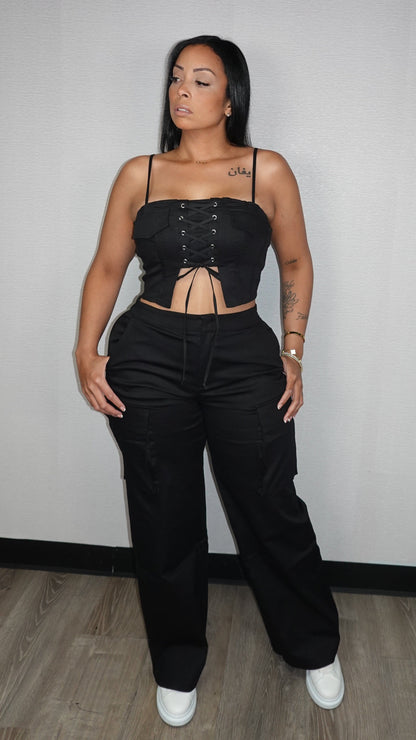 LACE UP BLACK PANTS SET