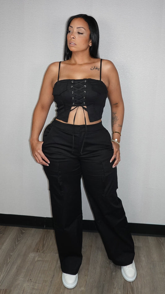 LACE UP BLACK PANTS SET