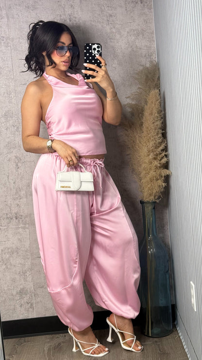 PINK SATIN AND BARRIL PANTS SET