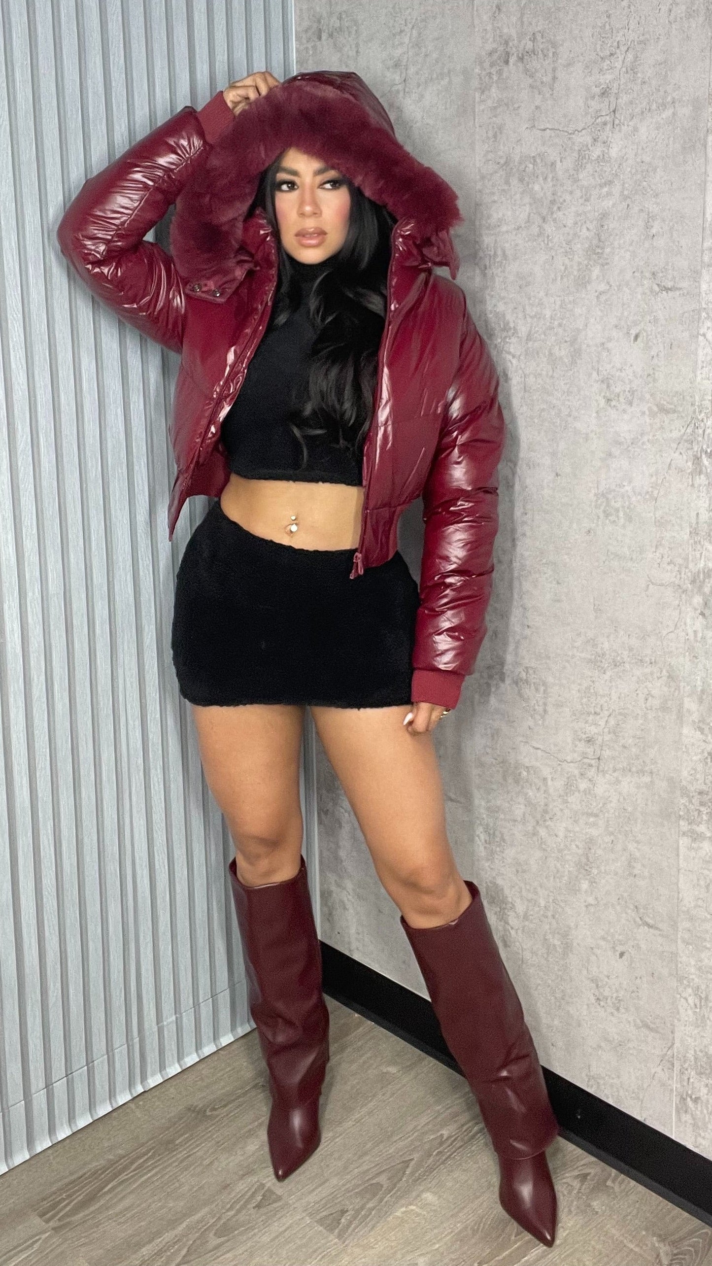 Puffer Coat Fur Hood Burgundy