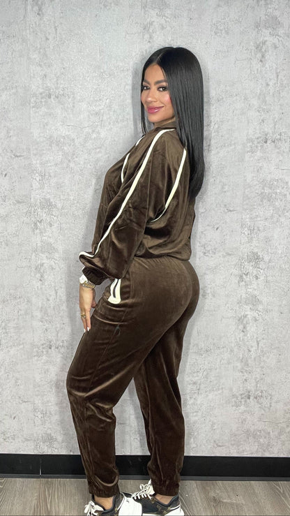 Velour Tracksuit Pants Set Brown