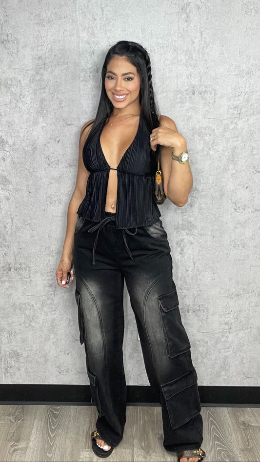 Elastic Banded Denim Pants Black