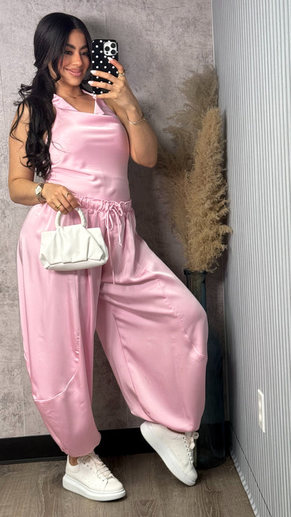 PINK SATIN AND BARRIL PANTS SET