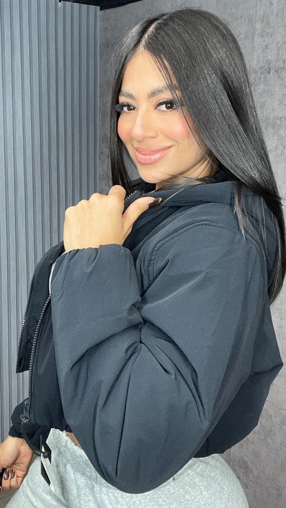 Cropped Zip-up Puffer Coat Black