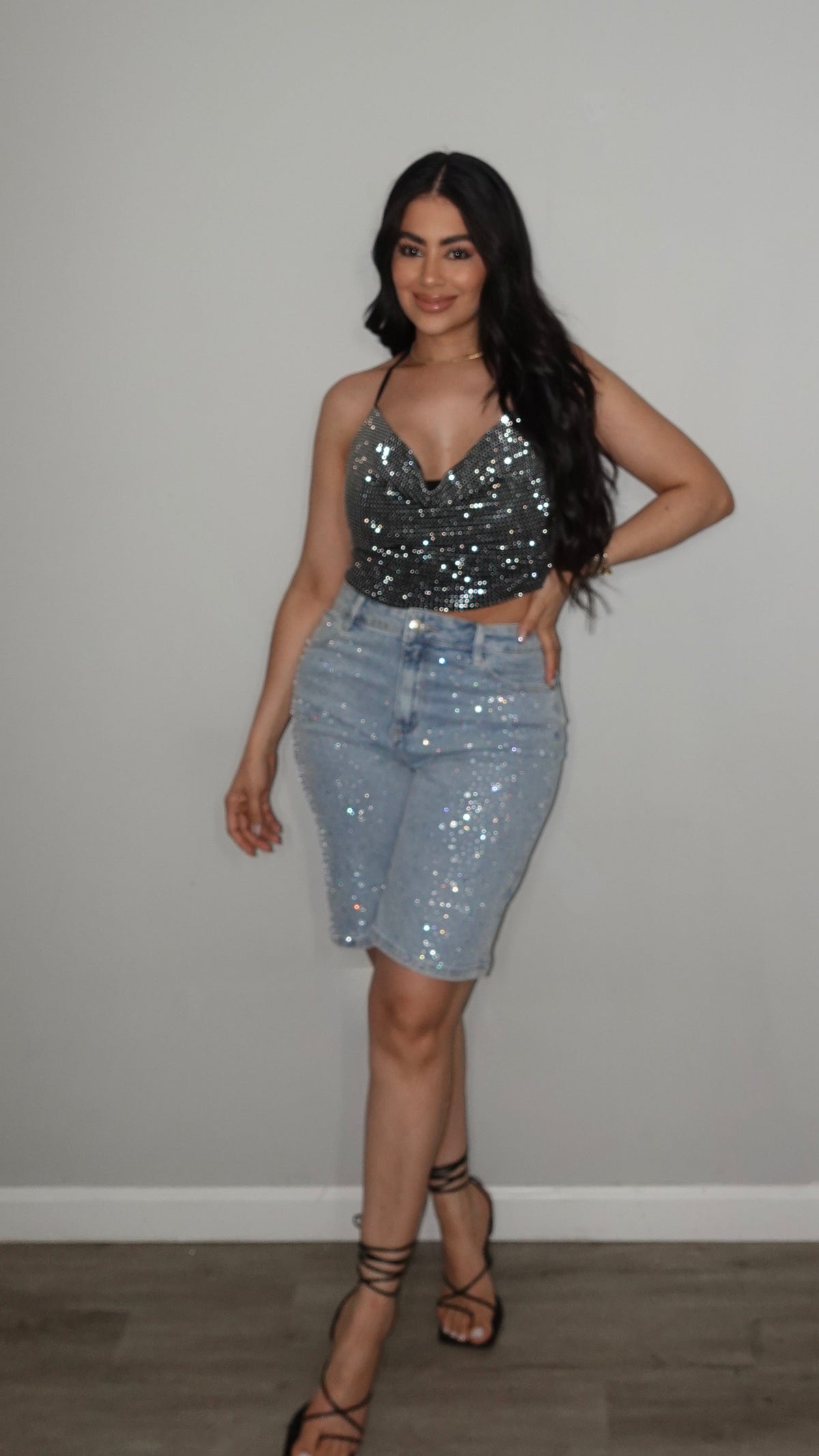 RHINESTONE DENIM JORT PANTS