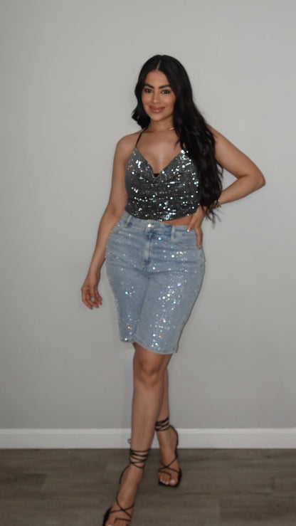 RHINESTONE DENIM JORT PANTS