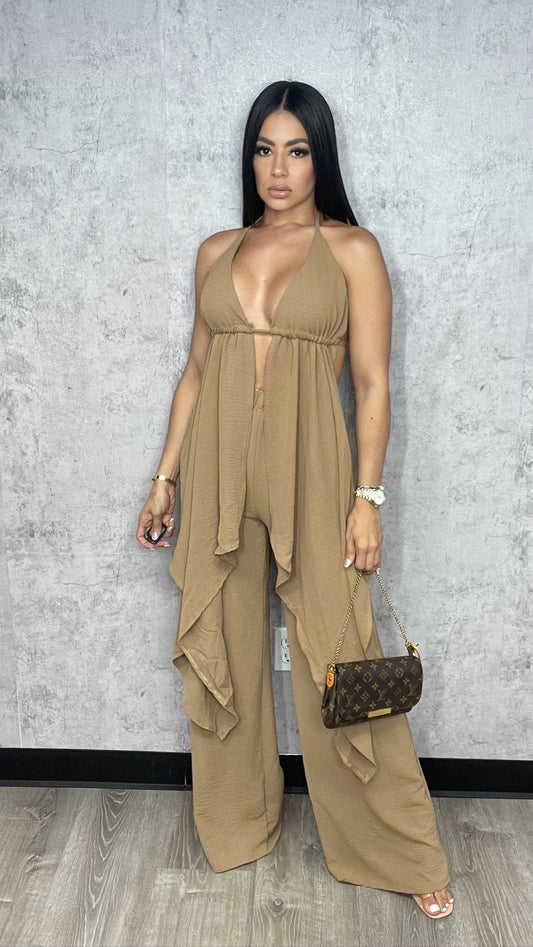 HALTER TOP AND FLOWY PANTS Set Khaki
