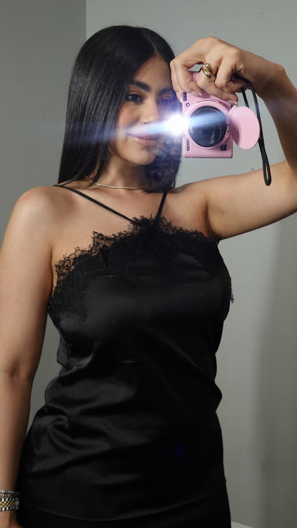 LORENA SATIN LACE DRESS BLACK