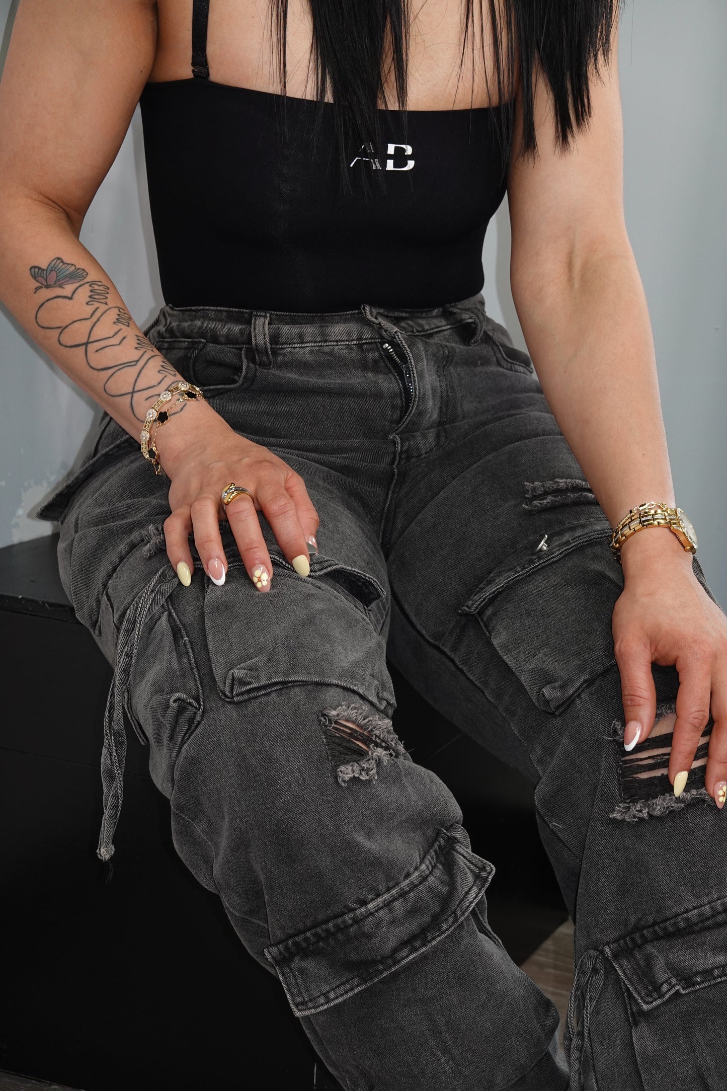 KELLY BLACK CARGO DENIM PANTS