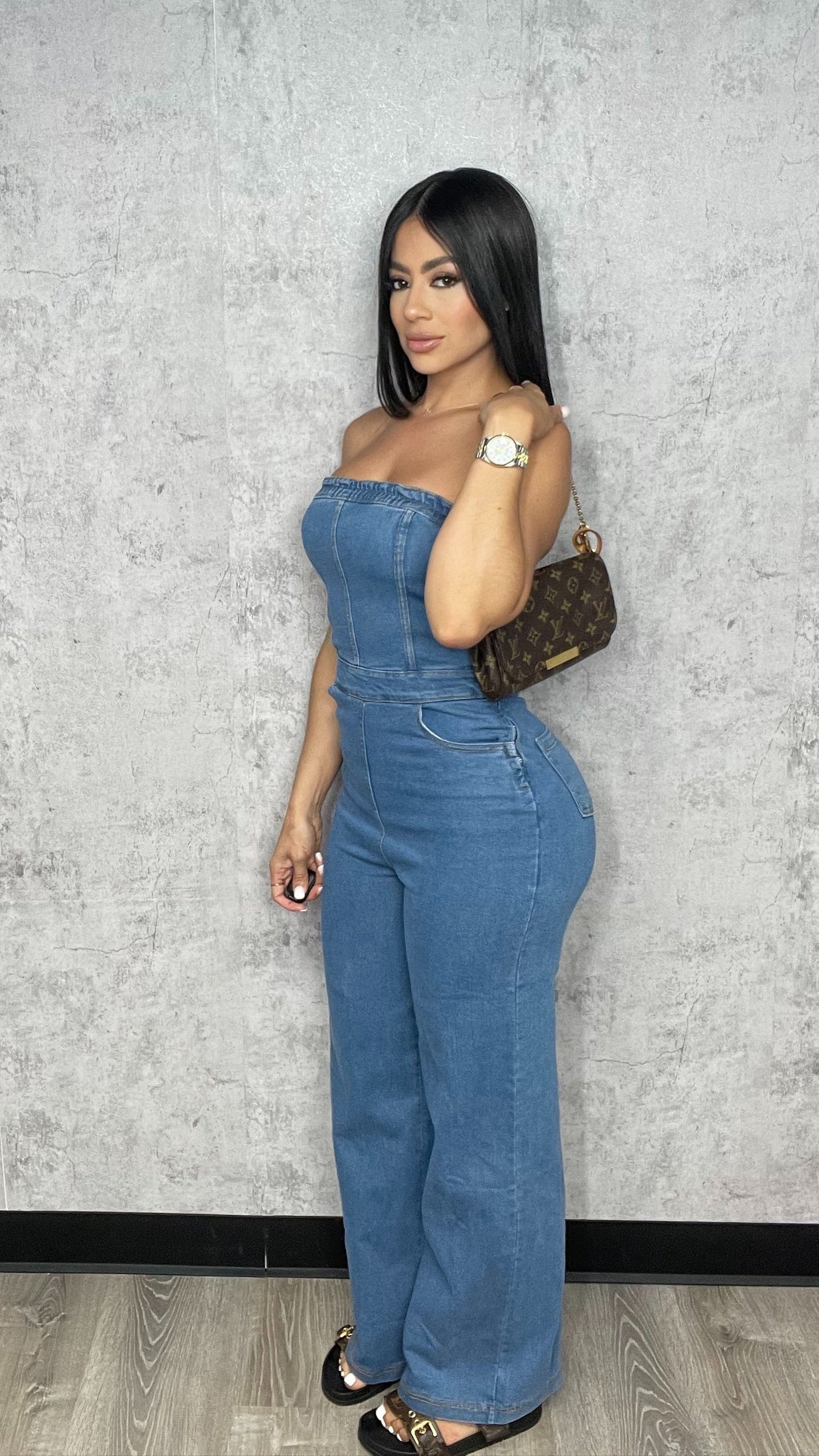 Strapless Wide Leg Denim Jumpsuit