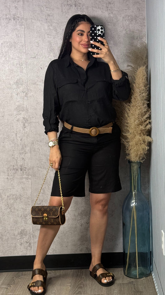 LINEN BLACK PANTS SET AND BELT