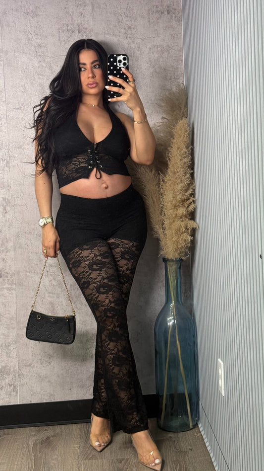 LYANETTE LACE PANTS SET BLACK