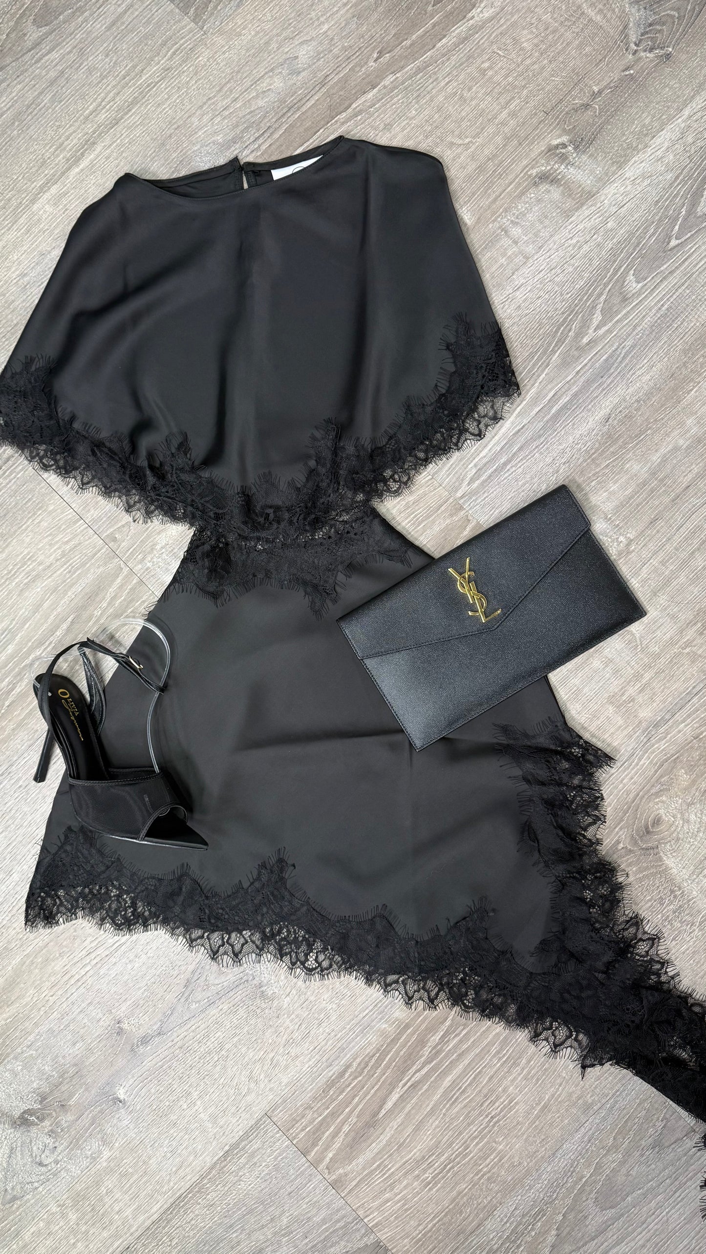PENELOPE BLACK SATIN AND LACE DRESS