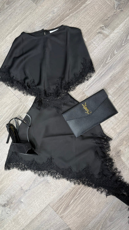 PENELOPE BLACK SATIN AND LACE DRESS