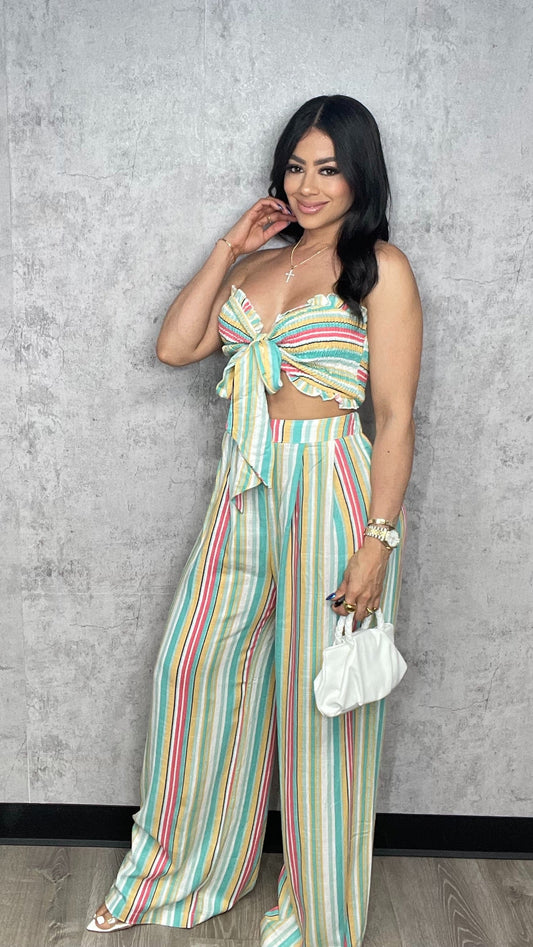 MULTI COLOR STRIPED TUBE TOP AND PANT LINEN SET