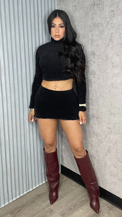 Soft FUR Skirt Set Black