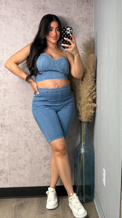 BUSTIER AND BIKER SHORT DENIM SET
