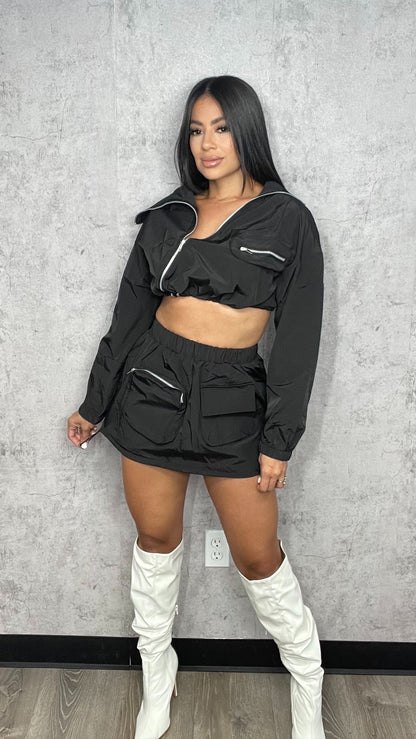 Laura ASYMMETRICAL ZIP UP TOP AND CARGO MINI SKIRT SET