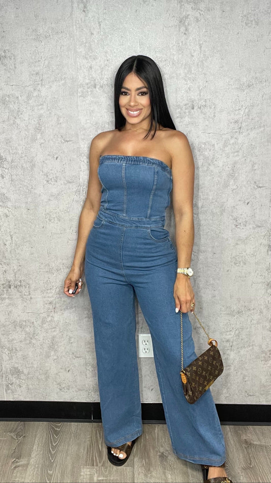 Strapless Wide Leg Denim Jumpsuit