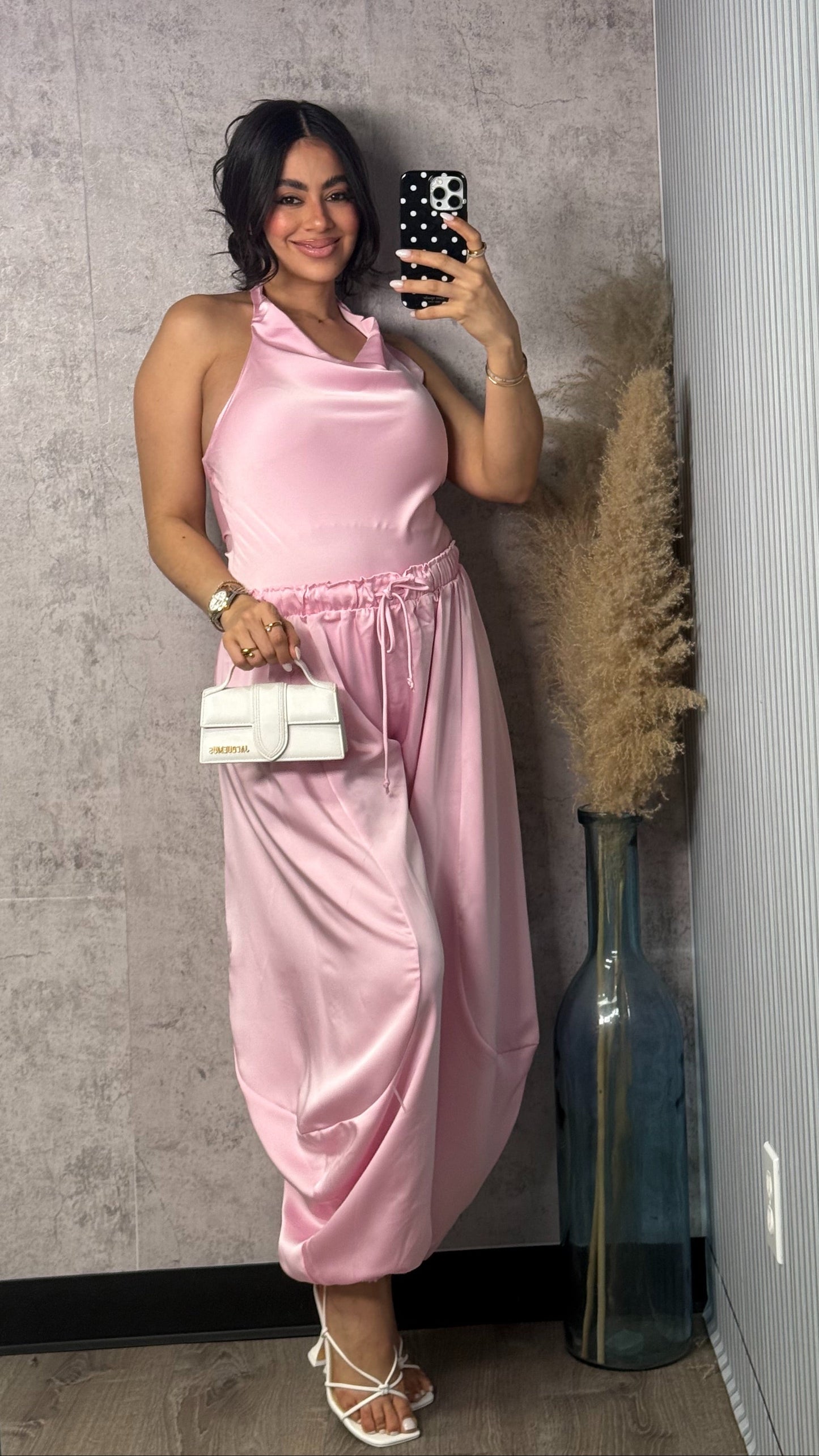 PINK SATIN AND BARRIL PANTS SET