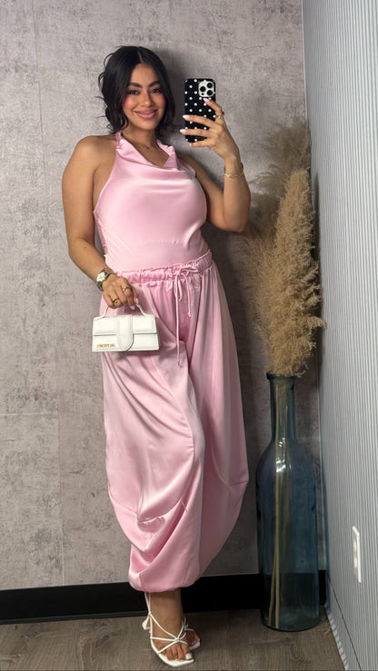 PINK SATIN AND BARRIL PANTS SET