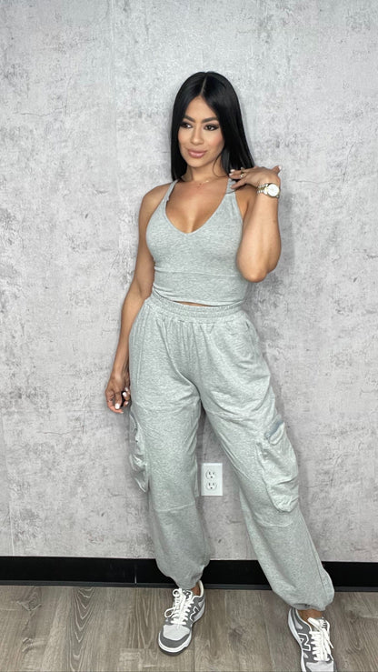 Tank Top and Cargo Pants Set Grey