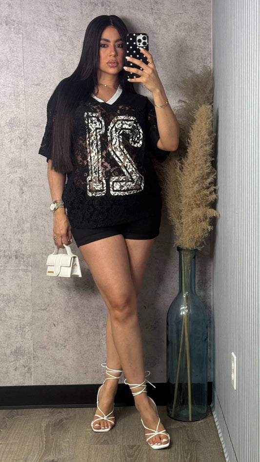 OVERSIZED JERSEY LACE TOP BLACK