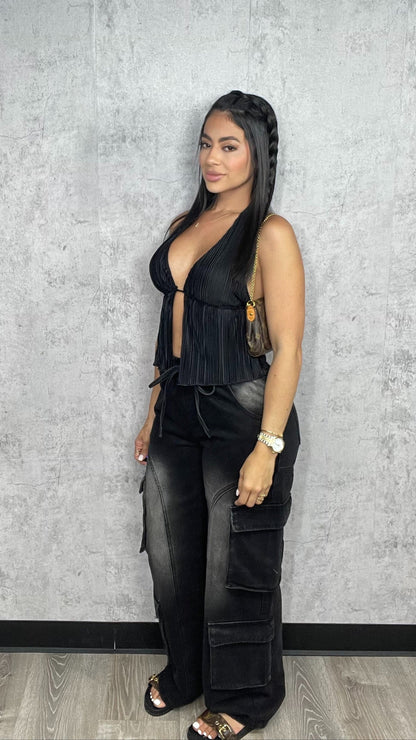 Elastic Banded Denim Pants Black