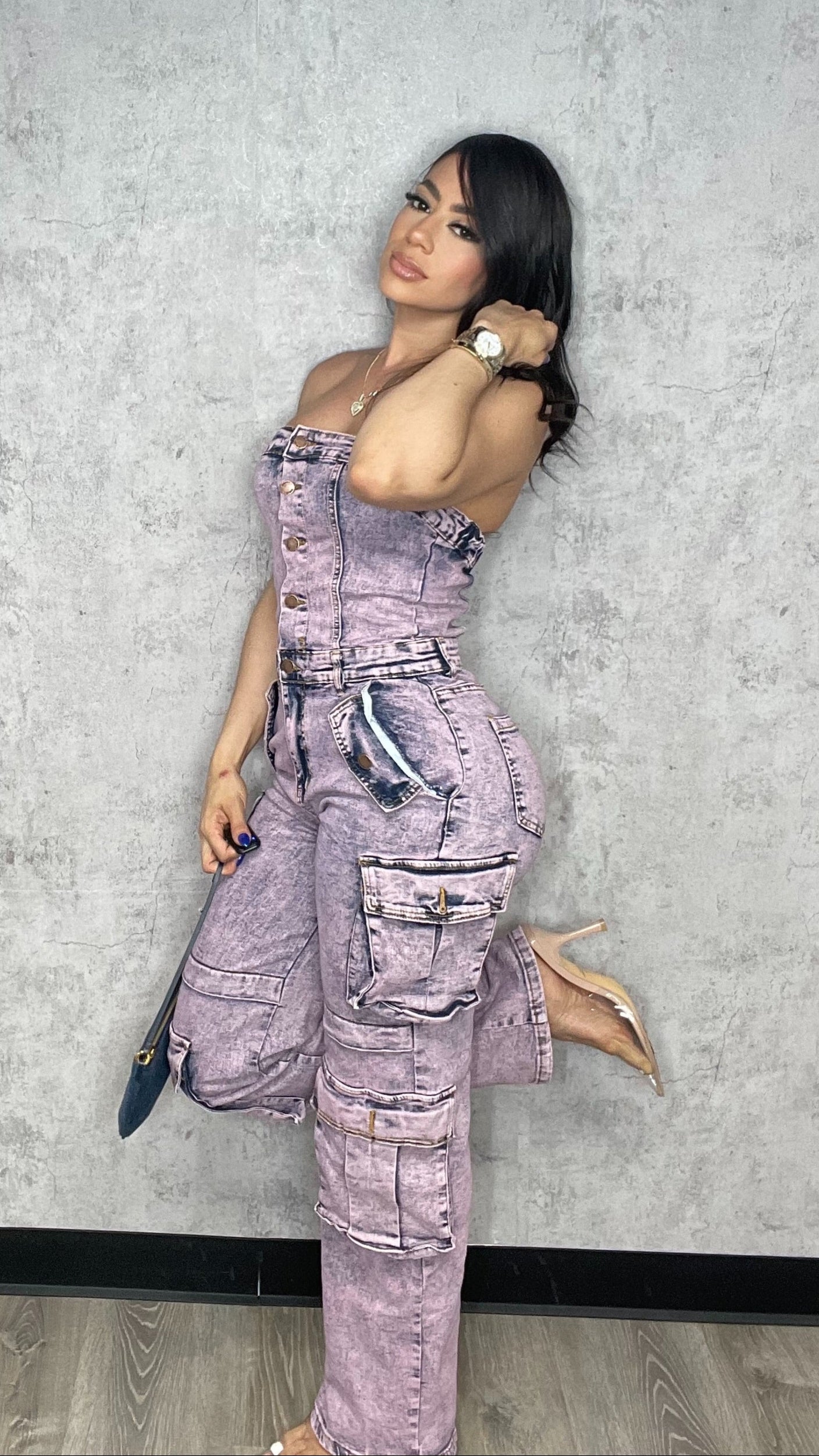 Washed Cargo Denim Jumpsuit Pink