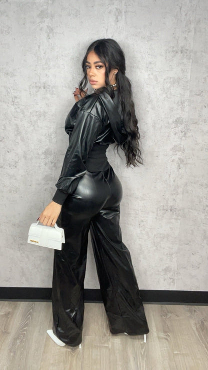 Leather hoodie jacket & wide leg pants set Black