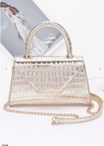 Crocodile Embossed Metallic leather Top Handle Bag