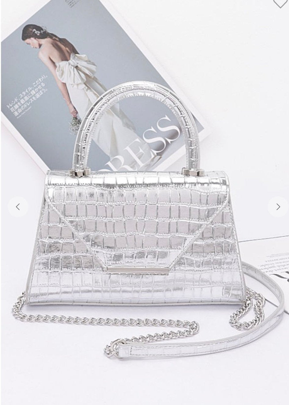 Crocodile Embossed Metallic leather Top Handle Bag